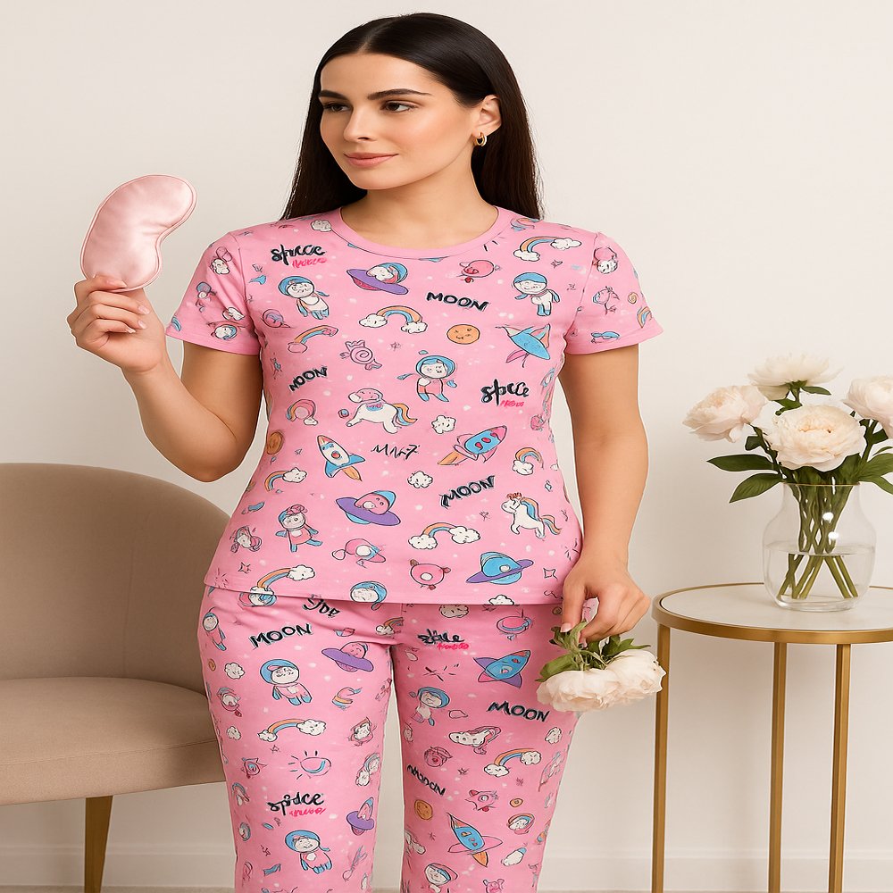 Pink Cartoon Unicorn Women Nightwear Set – Soft Cotton Pajama & T-Shirt Sleepwear