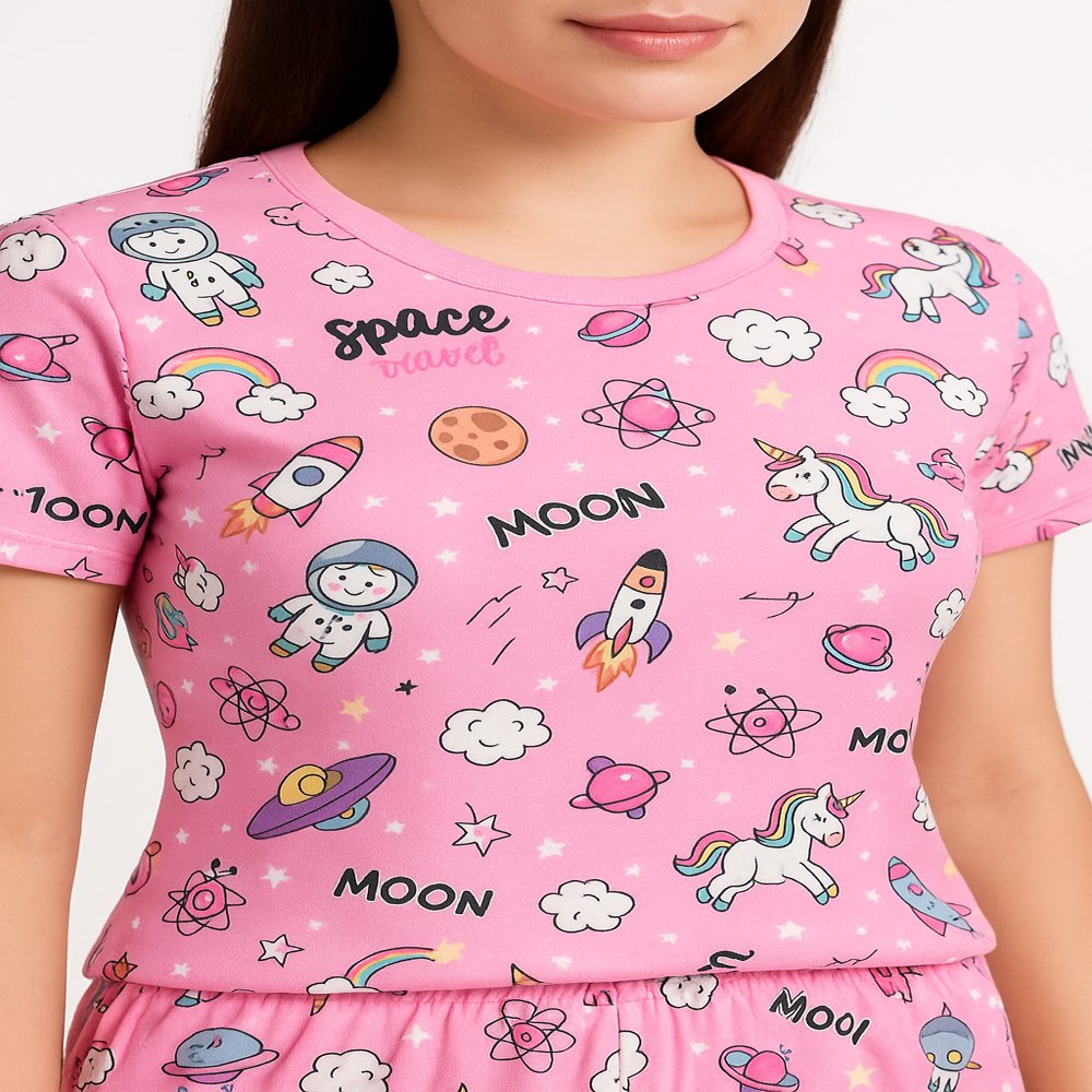 Pink Cartoon Unicorn Women Nightwear Set – Soft Cotton Pajama & T-Shirt Sleepwear