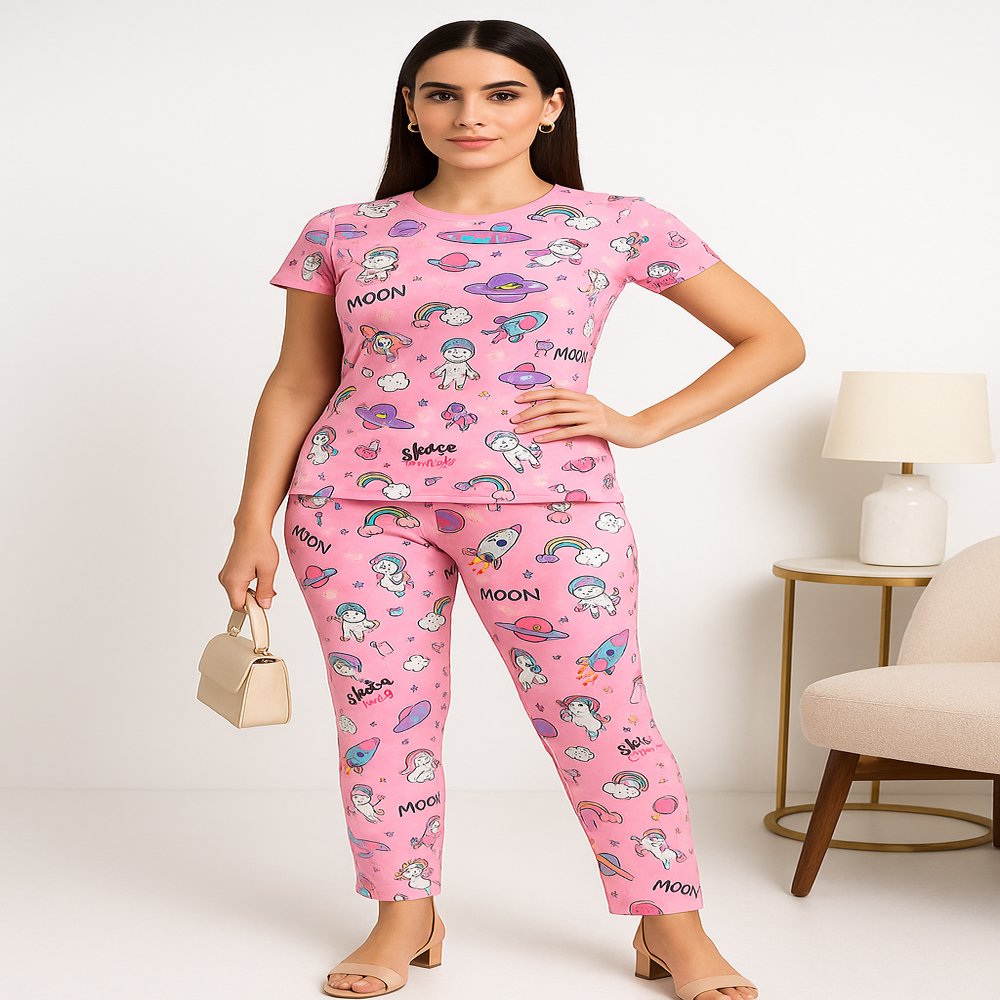Pink Cartoon Unicorn Women Nightwear Set – Soft Cotton Pajama & T-Shirt Sleepwear